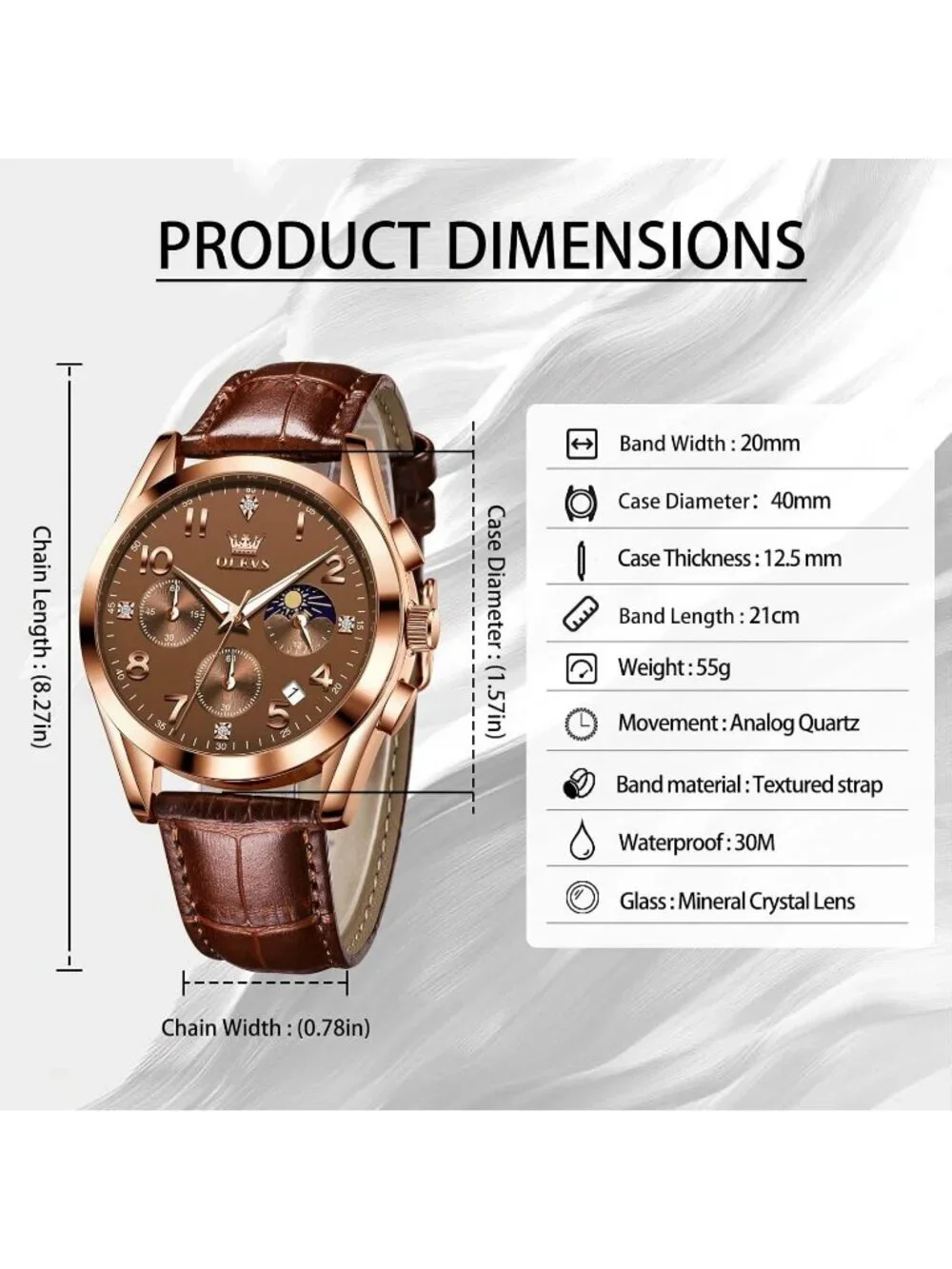 Men's Brown Rose Gold Leather Analog Quartz Classic Chronograph Waterproof Watch